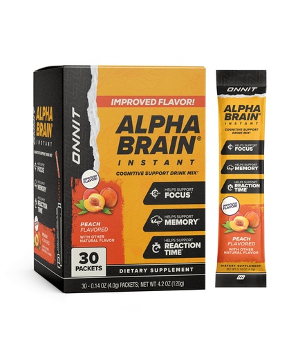 [BRSWGBIZOQHAEC32] ONNIT Alpha Brain Instant Cognitive Support Drink Mix, Nootropic Supplement for Focus, Memory and Clarity, Peach Flavor, 0.13 oz Packets, 30 Count