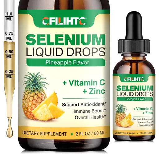 [BRSRAEDYPJ7RYEI3] Selenium Liquid Drops, 200mcg Liquid Selenium Supplement with Vitamin C & Zinc, Support for Immune System, Antioxidant & Heart Health, High Absorption, Pineapple Flavor, 2 Fl Oz