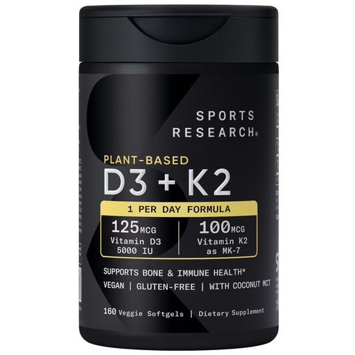 [BRSRMAAFAFYWGD3X] Sports Research Vitamin D3 K2 with 5000iu of Plant-Based D3 & 100mcg of Vitamin K2 as MK-7, Non-GMO Verified & Vegan Certified - 160 Liquid Softgels