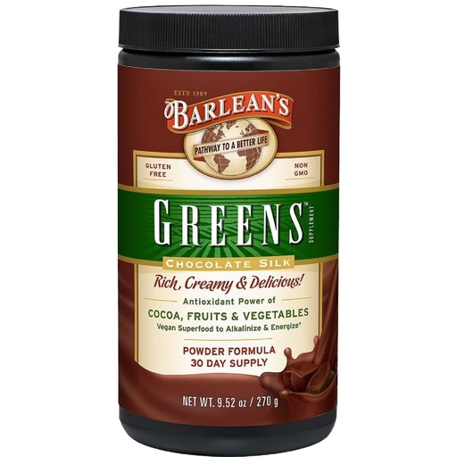 [BRSWIZL4ON4WCGDE] Barlean's Chocolate Greens Powder, Daily Fruit and Vegetable Superfood Supplement, Green Antioxidant Blend and Fiber Smoothie Drink Mix, 9.52 oz