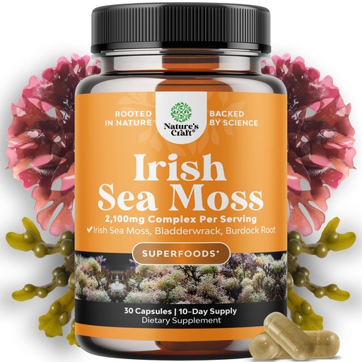 [BRSRMCQFCMBR4CLV] Irish Sea Moss Capsules - Sea Moss and Bladderwrack Capsules with Burdock Root Superfood Blend for Immune Support Heart Health Fertility Joint Health and Thyroid Support for Women and Men - 30 Count
