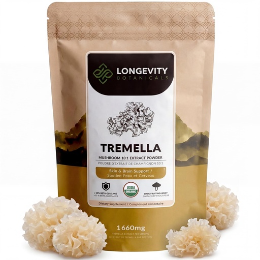 [BRSWGHY7CB5WOYDG] Longevity Botanicals Organic Tremella Mushroom Powder Supplement Extract 100g | Snow Fungus Fuciformis Fruiting Body | ≥10% Beta-D-Glucans | 60 Servings of 1,660mg | Supports Skin Wellness