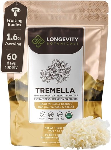 [BRSWGHY7CB5WOYDG] Organic Tremella Mushroom Порошок добавка 100g Pure Fruiting Тіло 10: 1 Висока міцність снігу Губка екстракт 10% Бета-D Глюканів 16,600mg Сирий еквівалентний для сервірування шкіри Hydration & Brain підтримка