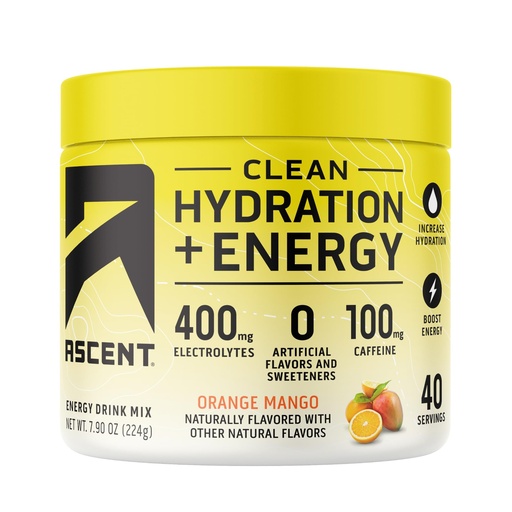 [BRSROCTQBB5WY3T4] Ascent Clean Hydration + Energy Electrolytes Powder - 100mg Caffeine, 400mg Electrolytes, No Artificial Ingredients, Orange Mango 40 Servings