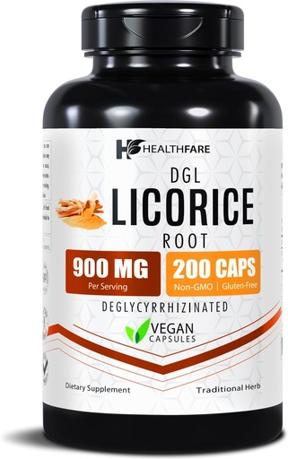 [BRSRMZITAAJWYFL5] Healthfare Licorice Root Extract 900mg Tél 124; 200 Vegan Kapsler DGL Supplement 124; Ekstra styrke Herbal Formel 124; Non- GMO, Gluten- Free