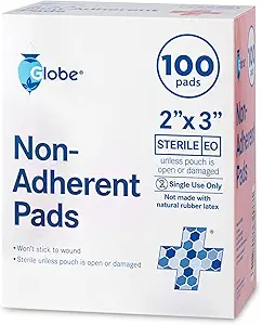 [BRSW22QLCAFQ2HTO] Globe Sterile Non-Adherent Pads, (100-Pack), 2” x 3” Non-Adhesive Wound Dressing. Highly Absorbent & Non-Stick, Painless Removal-Switch. Individually Wrapped for Extra Protection (2 x 3)