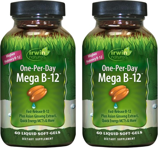 [BRSWYHAPBNYAEYL7] Irwin Naturals One-Per-Day Mega B-12 1,500mcg High Potency Methylcobalamin Vitamin - Fast Enhanced Absorption with MCT + Asian Ginseng - Natural Energy Boost - 60 Liquid Softgels (Pack of 2)