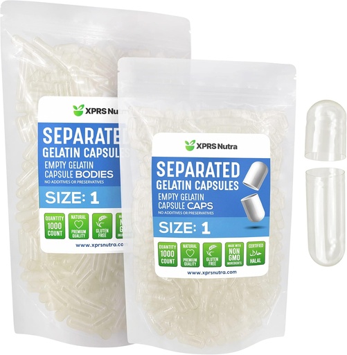 [BRSW2H36CF5BUD3P] XPRS Nutra Size 1 Gelatin Separated Capsules - 1000 Count Empty Pill Capsules Separated in Bags - Clear Empty Pills for DIY Do-It-Yourself Supplement Filling
