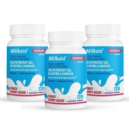 [BRSRAGL5O57AMEY7] Milkaid Lactase Enzyme Chewable Tablets for Lactose Intolerance Relief | Prevents Gas, Bloating & Diarrhea | Fast Acting Dairy Digestive Supplement (360 Tablets, Raspberry)