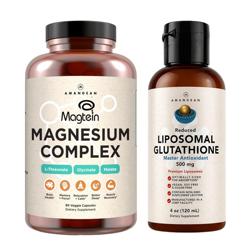 [BRSRAZIPOUPAE3DP] AMANDEAN Premium Liposomal Glutathione & Magnesium Complex Bundle. Antioxidant. Liquid Setria. High-Absorption Magnesium Threonate, Glycinate & Malate. Brain & Liver Health. Memory, Focus & Sleep
