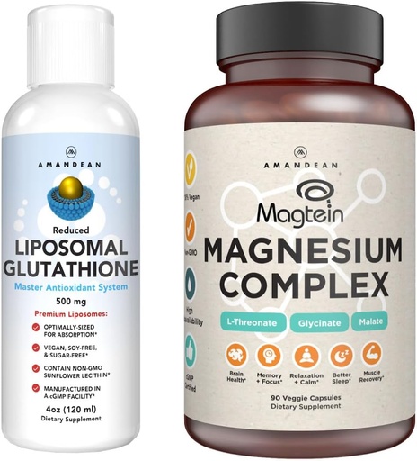 [BRSRAZIPOUPAE3DP] AMANDEAN Premium Liposomal Glutathione & Magnesium Complex Bundle. Antioxidant. Tekutá Setria. High- Absorpce Threonát hořečnatý, glycinát a malát. Zdraví mozku a jater. Paměť, soustředění a spánek