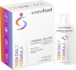 [BRSRMGQEPJ6R6AAU] Codeage Multivitamins For Teens, Liquid Vitamin C for Teenagers, Vitamin A B6 B12 D3 E For Kids, Biotin Zinc Omega-3 Folate, Liposomal Vitamins Supplement, One Daily Sachet, Vegan, Non-GMO, 30 Pouches