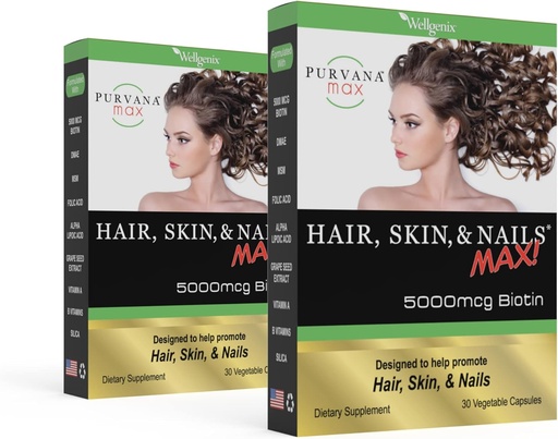 [BRSWIHI2AF7ACDTE] Purvana Max Hair, Skin, and Nails Vitamin - 5000mcg Biotin, Folic Acid, DMAE, Grape Seed Extract - One a Day Vegan Hair, Skin, Nails Support - Promotes Collagen Production - 30 Caps (Pack of 2)
