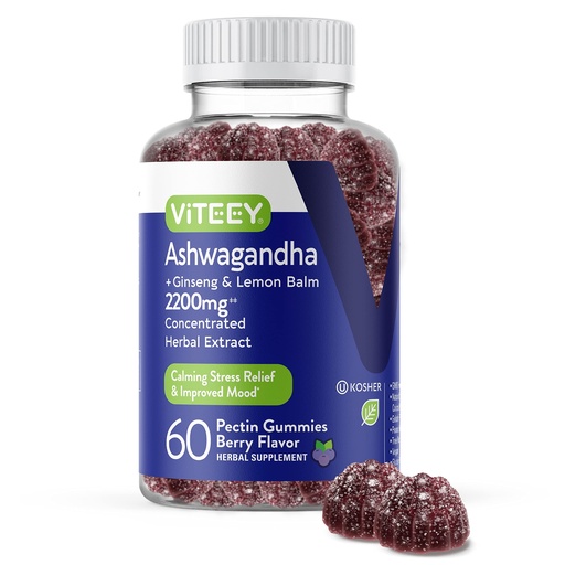 [BRSW2GINCJ5RU2Y6] Viteey Ashwagandha Gummies with Ginseng & Lemon Balm - Mood, Calm & Stress Support Ashwagandha Supplements - Vegan, Gluten-Free - 60 Count