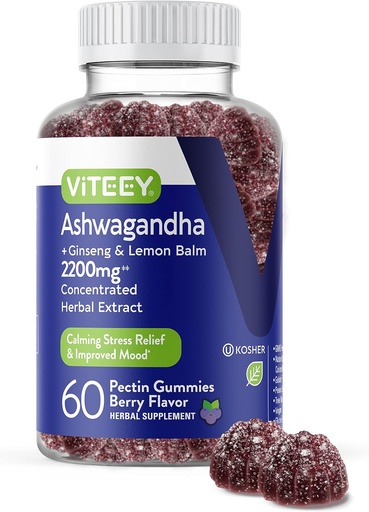 [BRSW2GINCJ5RU2Y6] Viteey Ashwagandha Gummies with Ginseng & Lemon Balm - Mood, Calm & Stress Support Ashwagandha Supplements - Vegan, Gluten-Free - 60 Count