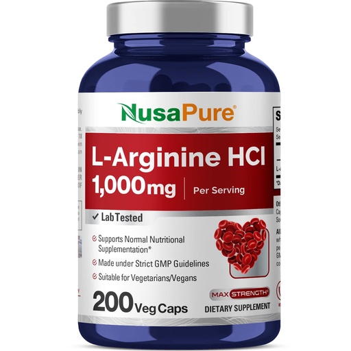 [BRSWG2Q6DF5AA2Y6] NusaPure L-Arginine 1000 mg 200 Veggie Capsules (Non-GMO, Vegetarian, Vegan)