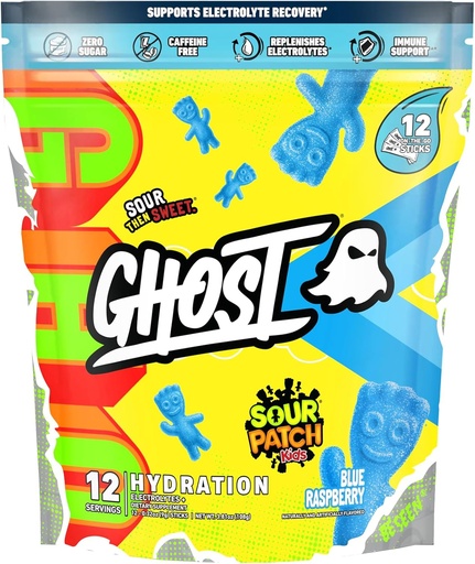 [BRSRAZYZOUMQY23K] GHOST Hydration Packets, Sour Patch Kids Blue Raspberry, 12 Sticks, Electrolyte Powder - Drink Mix Supplement with Magnesium, Potassium, Calcium, Vitamin C - Vegan, Free of Soy, Sugar & Gluten