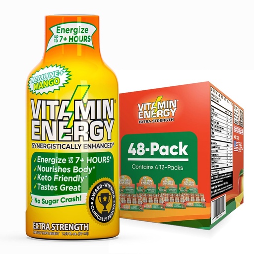 [BRSRAGL6CECQI33L] Vitamin Energy Immune+ Extra Strength Energy Shot Mango 48 Pack, 260mg Natural Caffeine, B-Vitamins, Citicoline, Green Tea, Immunity & Focus Support, Zero Sugar, Gluten-Free 1.93 fl oz