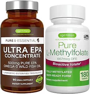 [BRSROFQKOQJWCHIZ] Ultra Pure EPA + Pure Folate 400mcg Bundle, 500 mg Omega-3 EPA Wild Fish Oil + Optimized L-Methylfolate, by Igennus