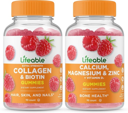 [BRSROZI6CIFAG2TD] Lifeable Collagen & Biotin + Calcium, Magnesium, Zinc & Vitamin D, Gummies Bundle - Great Tasting, Vitamin Supplement, Gluten Free, GMO Free, Chewable Gummy