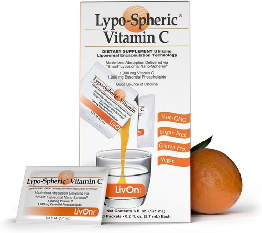 [BRSWKEYMOV4RK2TK] LivOn Laboratories Lypo-Spheric Vitamin C, 1000 mg Vitamin C & 1000 mg Essential Phospholipids Per Packet, Liposome Encapsated for I improve Abxia, 100% Non-GMO, 1 PP, 0.2 Fl Oz (GMO, 30)