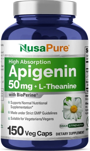 [BRSROZQTOQHAI3DH] NusaPure Apigenin 50mg & L-Theanine 200mg, 150 Veggie Capsules, Bioperine (Non-GMO, Gluten Free)