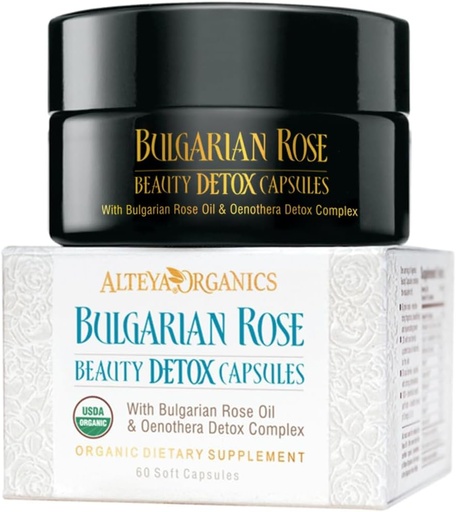 [BRSRAZICOZ4AEFYY] Alteya Organics Rose Beauty Detox Capsules - USDA Certified Organic with Bulgarian Rose Oil and Oenothera Detox Complex - 30 Servings