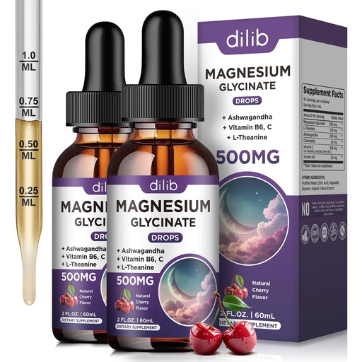 [BRSRAGL2O4GQM3T3] (2 Pack) Magnesium Glycinate Liquid Drops 500mg, with Vitamin B6, Ashwagandha, L - Theanine, Chamomile, Magnesium Glycinate Supplement High Absorption for Sleep, Stress, Energy Mood - Cherry Flavor