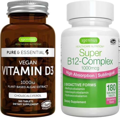 [BRSRMZ3QBZYR4E37] Vitamine Végétale D3 + Super B12-Complex, Ensemble végétalien, 365 1000iu Comprimés Vitamine D3 + Haute Absorption Sublingual B12, par Igennus