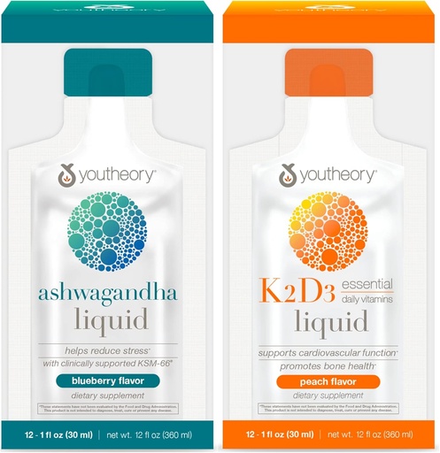 [BRSRMBIFDMFQ4HIV] Youtheory Ashwagandha Liquid Blueberry, 12 Single Serving Packets, K2 and D3 Daily Vitamin Liquid Peach, 12 Single Serving Packets