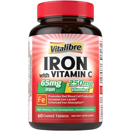 [BRSRAFIRCQOWEDTO] Iron Supplement, 65mg Carbonyl Iron with 250mg Vitamin C, Stomach Friendly Iron Pills for Blood Building Women & Men, High Absorption, No Nausea, No Constipation, Non-GMO, No Gluten, 60 Vegan Tabs