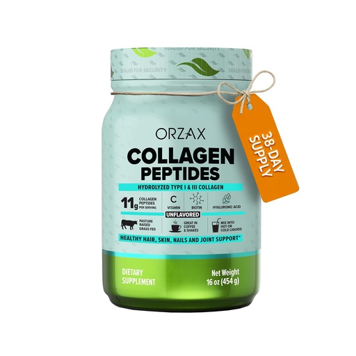 [BRSRMGAYOEJR6AAV] ORZAX Collagen Peptides Powder | Grass-Fed Bovine Hydrolyzed Type I & III with Biotin & Hyaluronic Acid | Unflavored Collagen Supplement for Women & Men | Skin, Hair, Nails & Joints | 16 oz