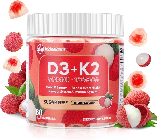 [BRSRAZYYPIHQ43LA] Vitamin D3 K2 Gummies w/Magnesium Sugar Free - 60 Count | D3 Vitamin 5,000 IU + K2(MK-7) 100 mcg - Vegan K2 D3 Vitamin Supplement, Highly Absorbent Supports Bone, Muscle, Mood & Immune(Lychee Flavor)