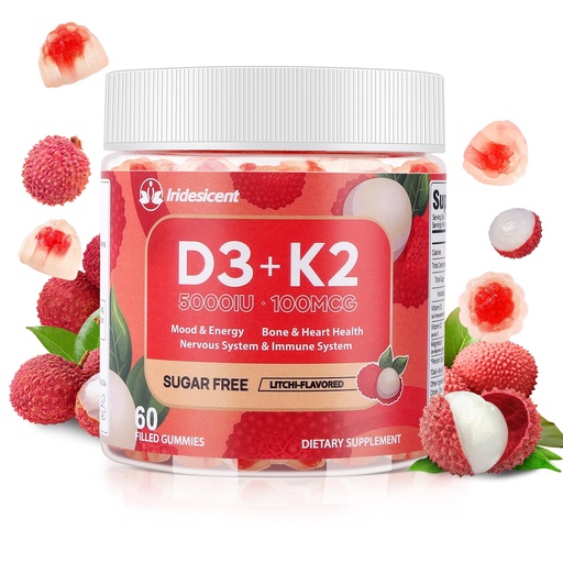 [BRSRAZYYPIHQ43LA] Vitamin D3 K2 Gummies w/Magnesium Sugar Free - 60 Count | D3 Vitamin 5,000 IU + K2(MK-7) 100 mcg - Vegan K2 D3 Vitamin Supplement, Highly Absorbent Supports Bone, Muscle, Mood & Immune(Lychee Flavor)
