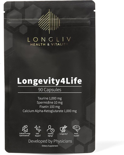 [BRSROEI2BAIWYYLZ] Longevity4Life - Ultimate Cellular Health Supplement - Fisetin, Taurine, Calcium Alpha-Ketoglutarate, and Spermidine Capsules for Longevity and Vitality - Made in USA - Physician Formulated