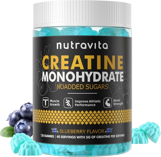 [BRSROCQECR5G223F] Nutravita Creatine Monohydrate Gummies for Men & Women-5g of Creatine Monohydrate per Serving - Sugar Free,Vegan, Blueberry Flavor, 120 Count