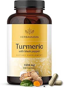 [BRSWGBANAF4GMCY4] HERBAMAMA Curcumin Turmeric Capsules - 1500mg Curcuma Longa and Black Pepper Extract for Uric Acid & Digestive Support - Vegan, Non-GMO Turmeric Antioxidant Supplement, 250 Caps