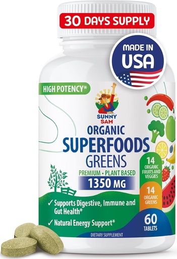 [BRSROAQRCBYBMF33] SUNNY SAM Super Food Green Supplements for Adults - 60 Tablets - Organic Super Greens with Real Fruits, Vegetables, and Herbs for Natural Digestive and Energy Support