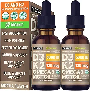 [BRSROGIBBB7AOFY2] (2 Pack) Organic Vitamin D3 K2 Drops with MCT Oil Omega 3, 5000 IU, Maximum Strength Vitamin D Liquid, No Fillers, Non-GMO Liquid D3 for Faster Absorption and Immune Support (Mocha, 2 Fl Oz)