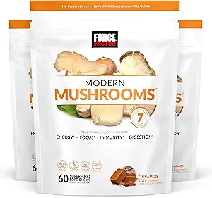[BRSRA23RCACQE3DL] Force Factor Modern Mushrooms Soft Chews, Mushroom Supplement with Lions Mane, Turkey Tail, & Cordyceps to Support Energy, Immunity, & Digestion, Cinnamon Roll, 180 Soft Chews, 3-Pack
