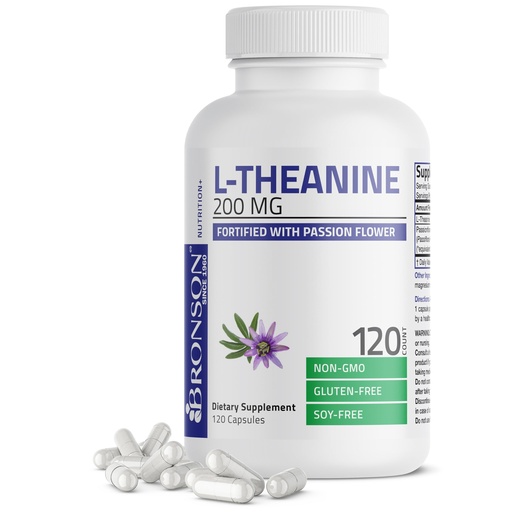 [BRSWGGQHCMAQEF3J] Bronson L-Theanine 200mg (Double-Strength) with Passion Flower Herb, Non-GMO Gluten-Free Soy-Free Stress Management Supplement, 120 Capsules