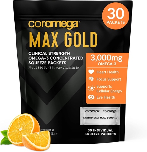 [BRSRAFL2BMHQ433O] Coromega MAX Gold 3000mg Omega-3 Fish Oil + Vitamin D Squeeze Packets, Wild-Caught, No Fishy Taste - 3X Better Absorption Than Softgels, Supports Brain & Heart Health (30 Servings, Orange Flavor)