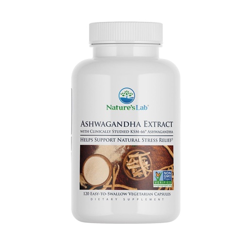 [BRSRMCAOOIMQYE3G] Nature's Lab Extra Strength Ashwagandha KSM 66 Extract - 5% Withanolides, Pure Organic Ashwagandha Root Powder - Supports Stress Relief, Focus and Strength Support* - 120 Ct (60 Day Supply)