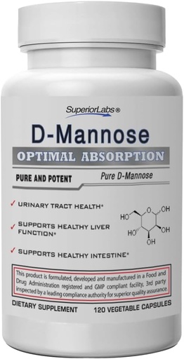 [BRSWIBD4BBYBQ3LG] Superior Labs D-Mannose 500 mg, Pure Non-GMO Optimal Absorption Prebiotic, Urinary Tract, Bladder & Kidney UTI Support, Digestive & Liver Health Aid, IC Relief for Women & Men, 120 Veg Caps
