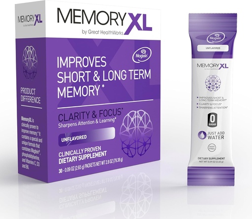 [BRSRAYA2O4ORS3YY] MemoryXL, Magnesium L-Threonate: Brain Supplement for Memory & Focus; Magtein®, Phosphatidylserine, Vitamin Mix. Improves Memory Focus Attention Learning & Logic. 0 Sugar, 0 Cal, 30pk Unflavored