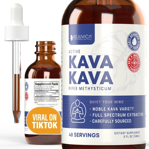 [BRSRMHQYBYAWYF3B] Rejuvica Health Kava Kava Root Extract Supplement - Active Kava Kava - Potent Relaxation & Calm - Liquid Extract - Piper Methysticum - Noble Variety - Naturally Occurring Kavalactones - 48 Servings