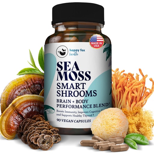 [BRSWYGACOB5RAGY4] HAPPY FOX Irish Sea Moss Capsules & Mushroom Complex - Organic Seamoss with Adaptogens for Brain Health, 1500mg, 90 Vegan Capsules, Organic Mushroom Supplement