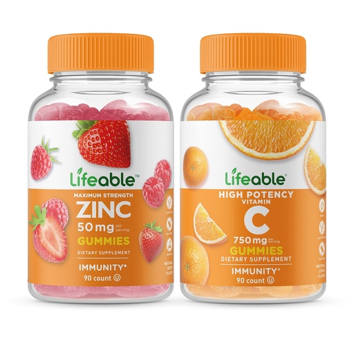 [BRSW2GALAAMWCCQ7] Lifeable Zinc 50mg + Vitamin C 750mg, Gummies Bundle - Great Tasting, Vitamin Supplement, Gluten Free, GMO Free, Chewable Gummy