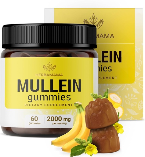 [BRSRMEIZA4PBS2TO] HERBAMAMA Mullein Gummies for Lungs - 2000mg Mullein Leaf for Lung Detox & Cleanse - Vegan, Non-GMO, Respiratory Support Supplement - 60 Pectin-Based Banana-Flavored Chews