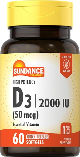 [BRSWKYYHB4MQAA3Y] Sundance Vitamina D3 2000 UI TENIDO 60 Quick Release Softgels TEN High Potency ← Non-GMO y Gluten Free Supplement